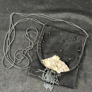 Original Mo Black Velvet Crossbody Bag with Flowers and Tassel